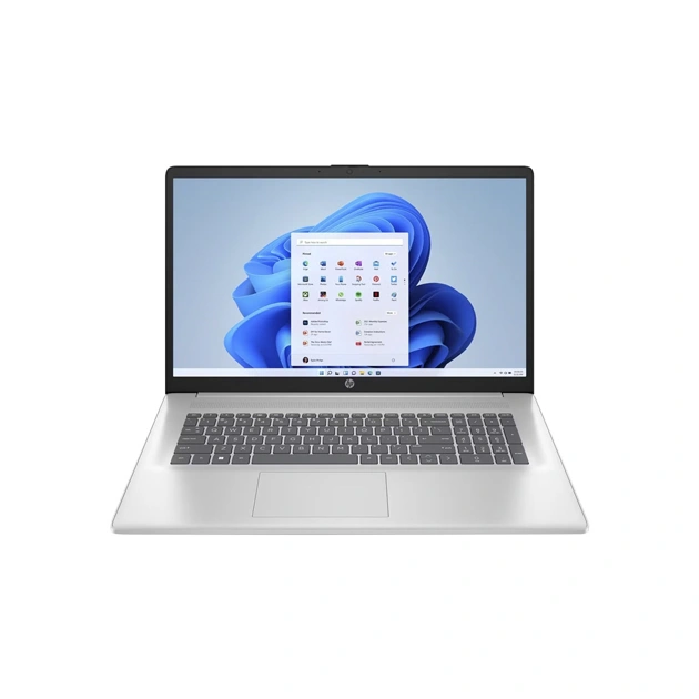 HP 14-inch silver laptop with backlit keyboard open and powered on