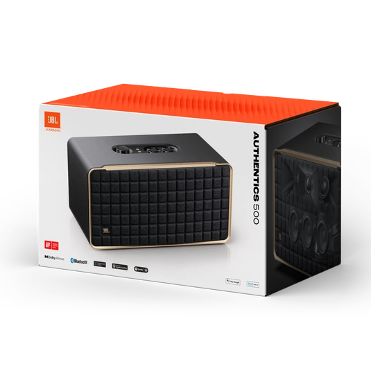 Front view of JBL Authentics 500 smart speaker with retro Quadrex grille desig